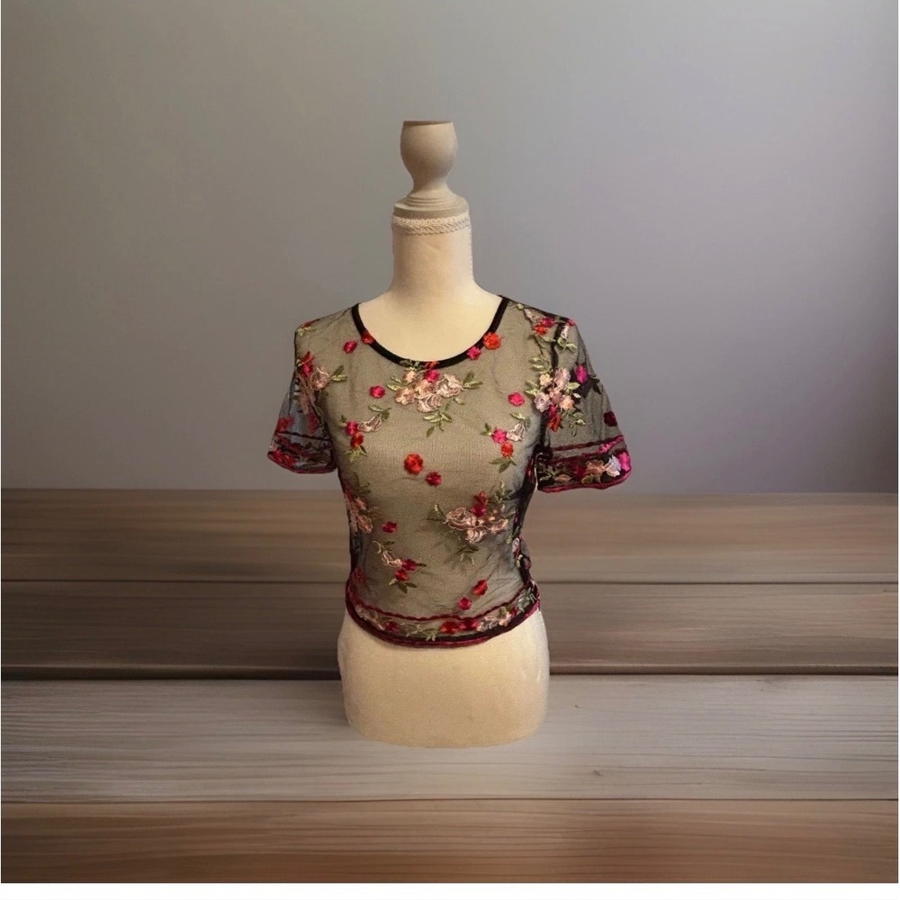Floral Embroidered Mesh Crop Top Black Sheer Short Sleeve NWT Retro